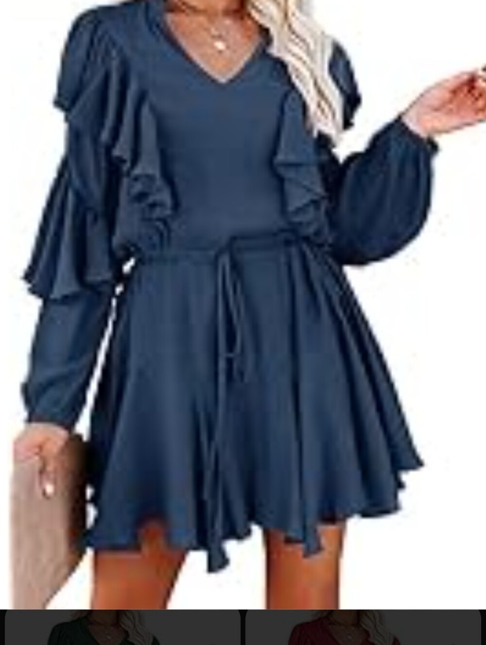 NWOT Ruffled V-Neck Mini Dress with Tie Waist in Navy